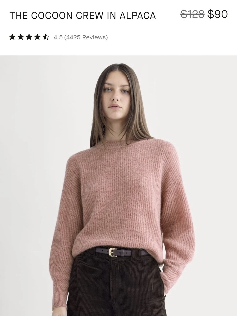 EVERLANE COCOON CREW NECK Alpaca RIBBED SOFT ROSE RELAXED SofT Quiet LUXURY XS